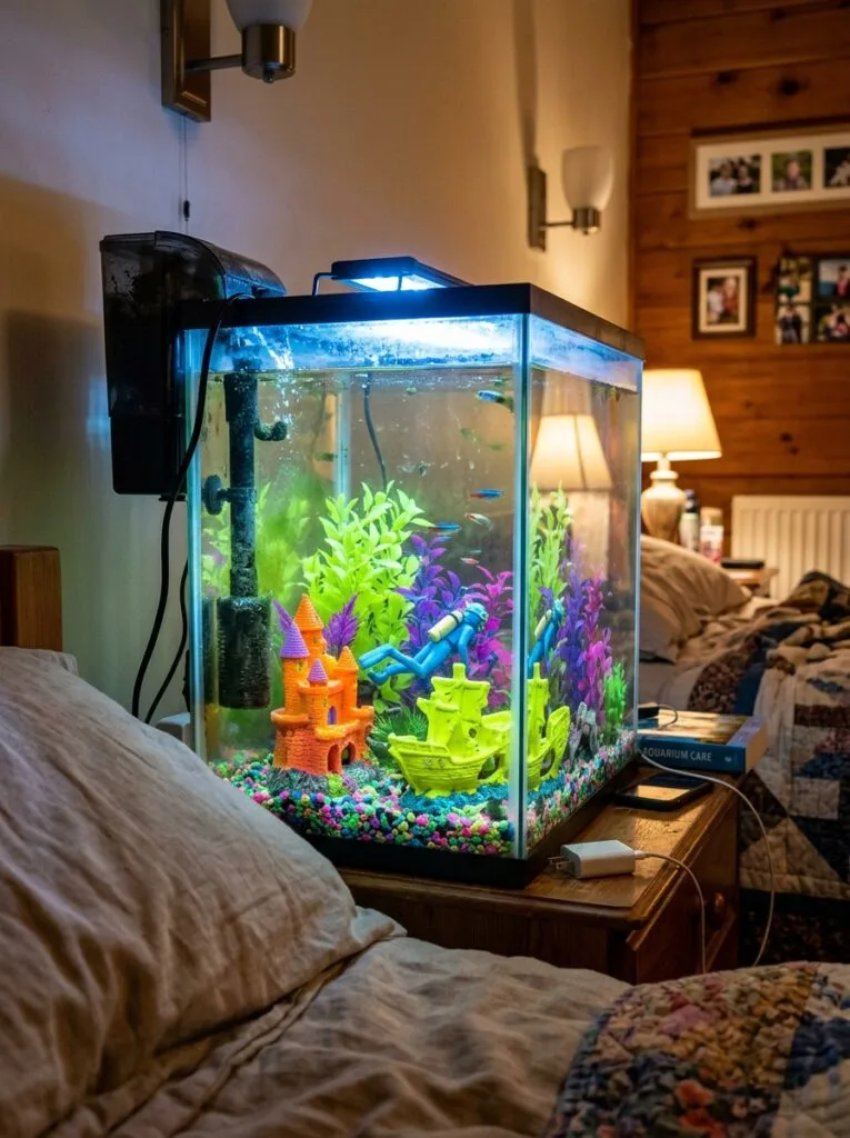 Bedroom aquarium showing common mistakes including harsh lighting and overcrowded decorations