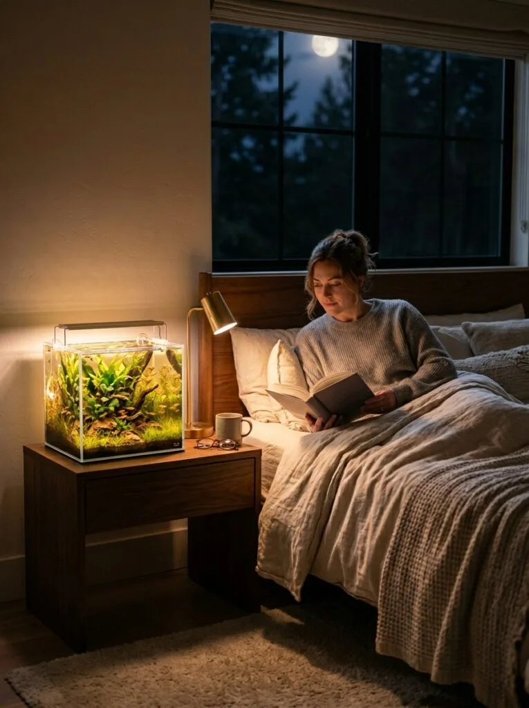Relaxing modern bedroom with balanced planted aquarium and soft ambient lighting