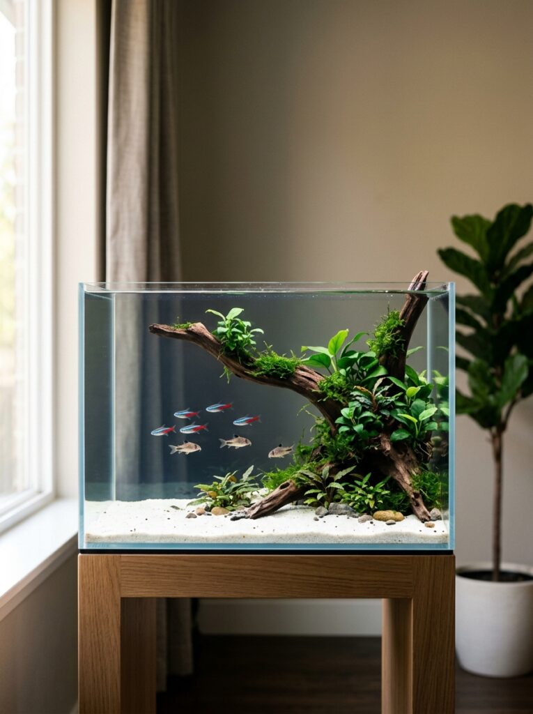 Minimalist planted aquarium with balanced open swimming space and natural aquascaping