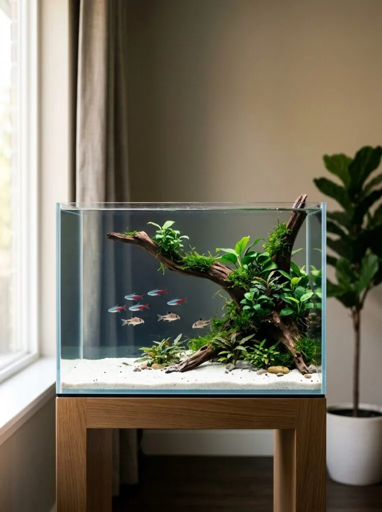 Minimalist planted aquarium with balanced open swimming space and natural aquascaping