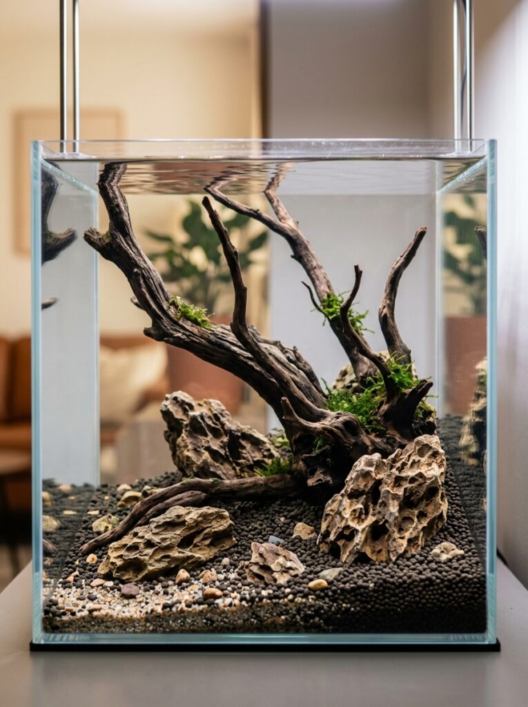 Close-up natural driftwood and stone hardscape inside a minimalist rimless aquarium
