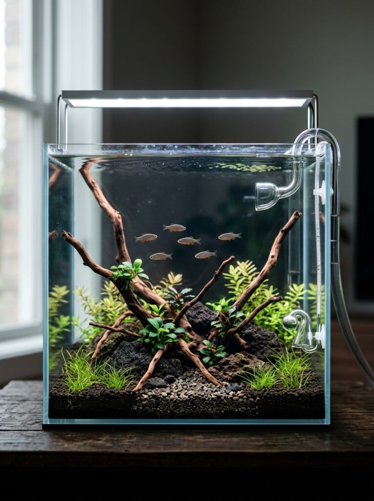 Minimalist nano aquarium showing balanced negative space and clean aquascape layout