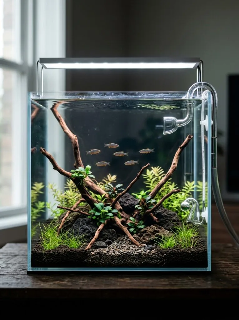 Minimalist nano aquarium showing balanced negative space and clean aquascape layout