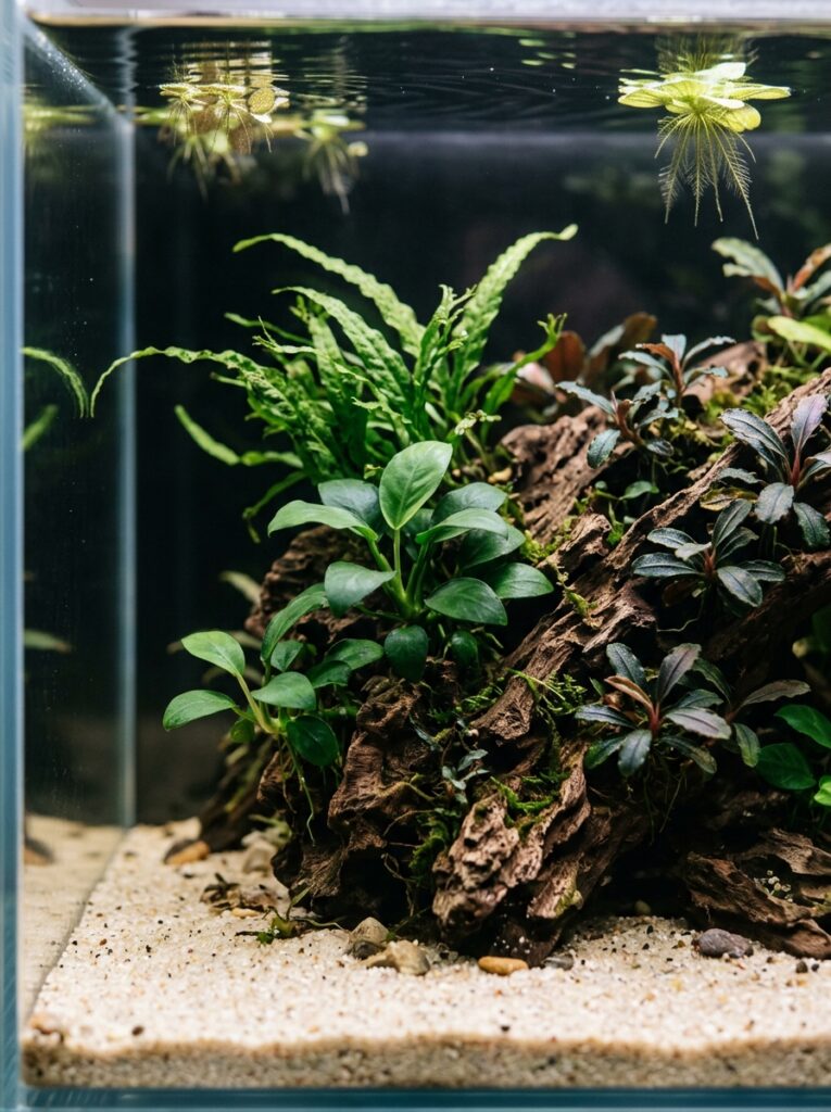 Close-up minimalist aquascape featuring Anubias, Java Fern, and Bucephalandra plants