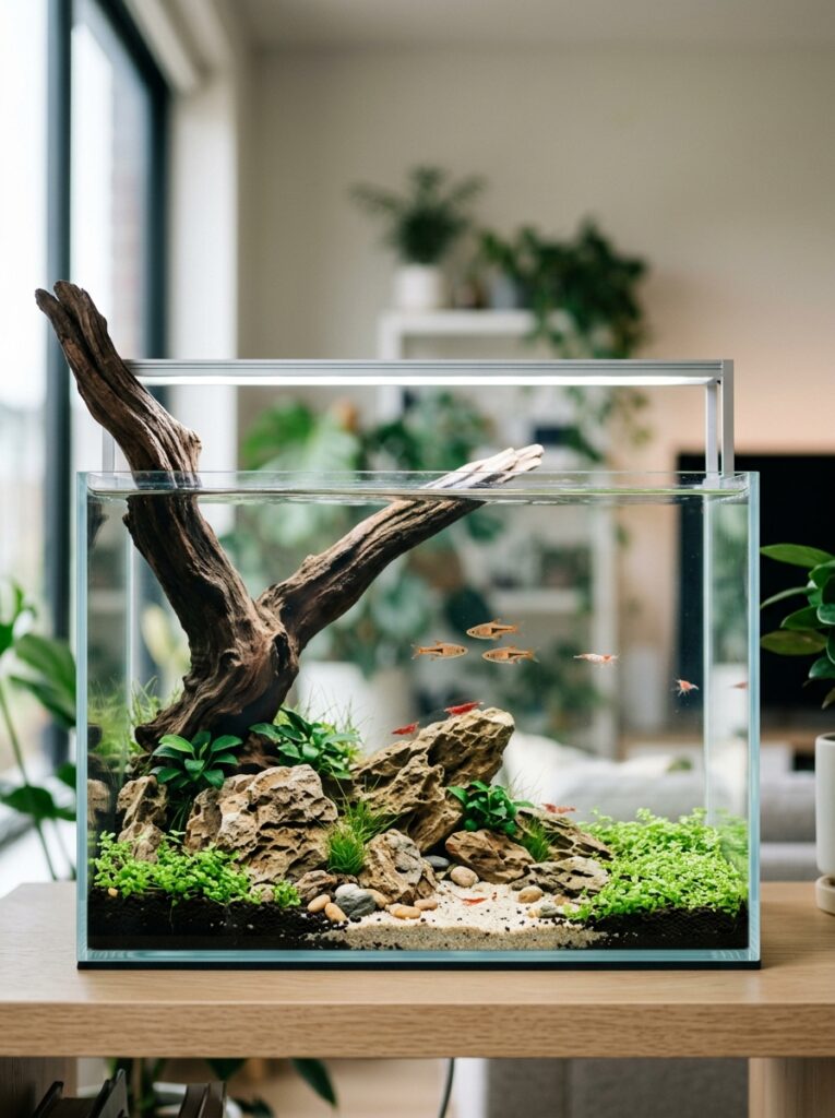 Elegant asymmetrical driftwood and stone layout inside a minimalist planted aquarium