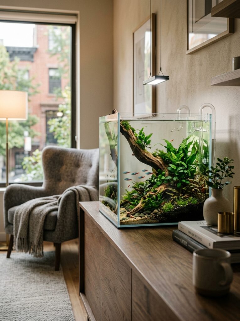 Minimalist rimless aquascape integrated naturally into a modern apartment interior