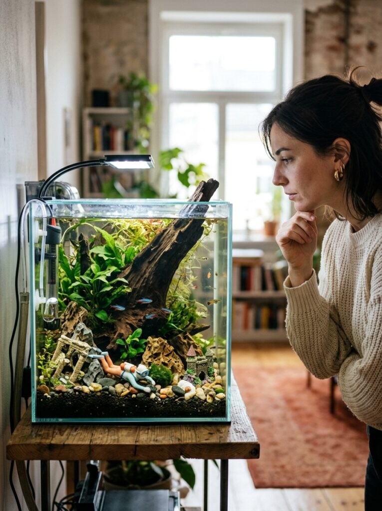 Overcrowded minimalist aquarium showing common aquascaping mistakes and cluttered layout