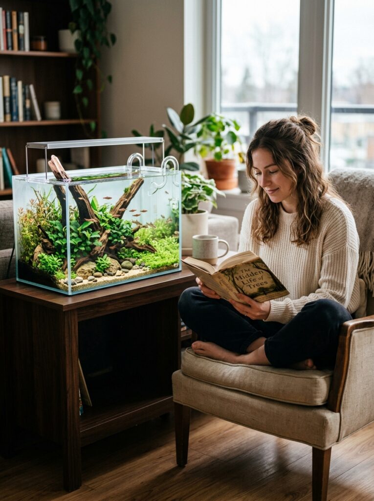 Timeless minimalist aquascape with mature plants and balanced natural hardscape