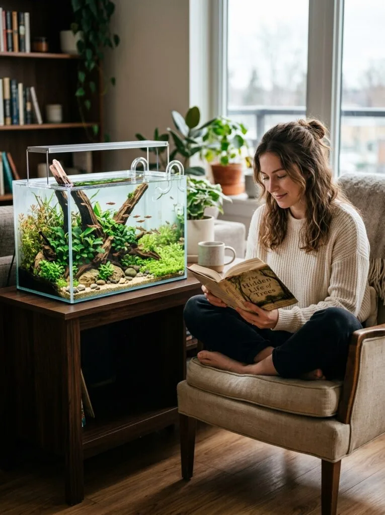 Timeless minimalist aquascape with mature plants and balanced natural hardscape