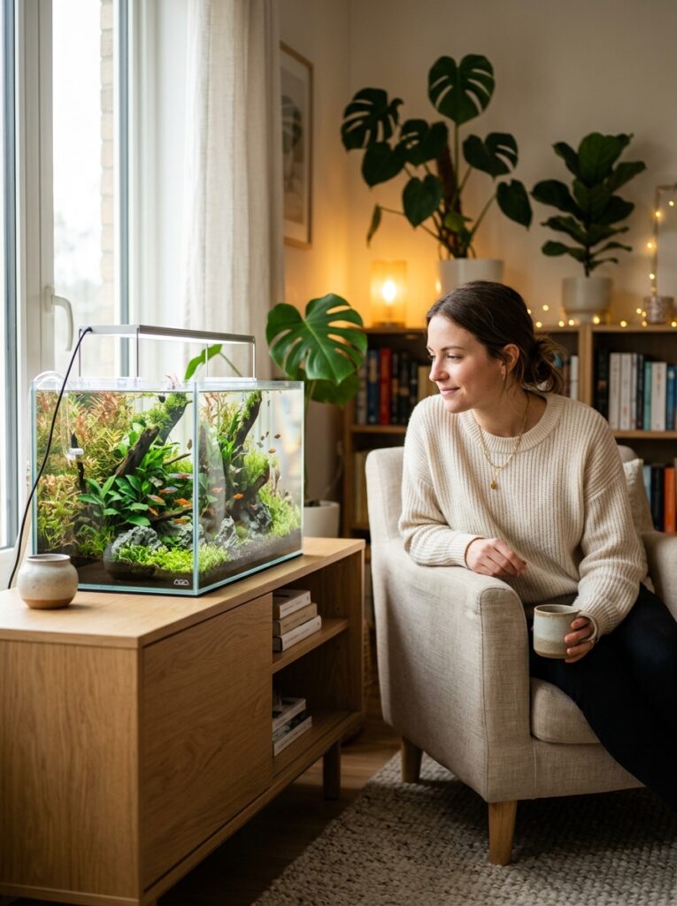 Peaceful planted community aquarium with calm schooling fish and elegant aquascape