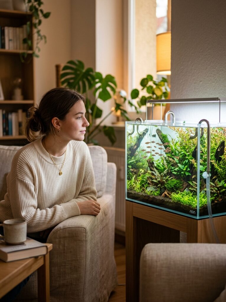Peaceful small community fish swimming naturally through a planted nano aquarium