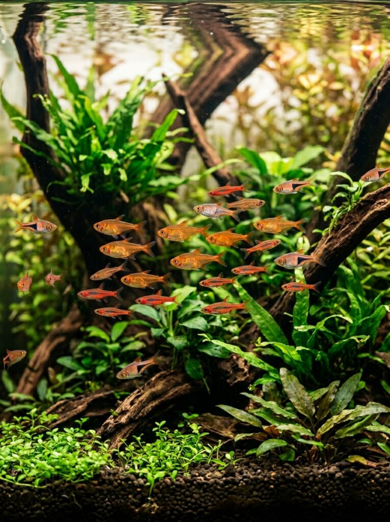 Ember tetras and rasboras displaying calm schooling behavior inside a planted aquarium