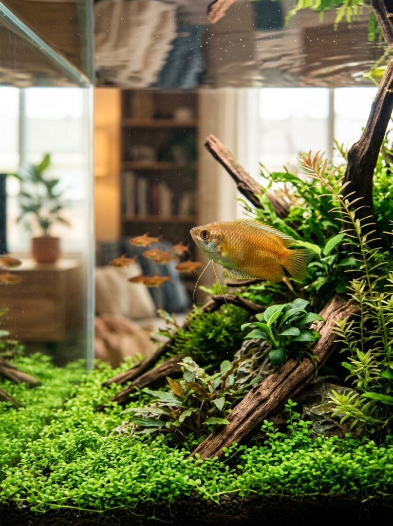 Honey gourami centerpiece fish inside a balanced planted nano aquarium