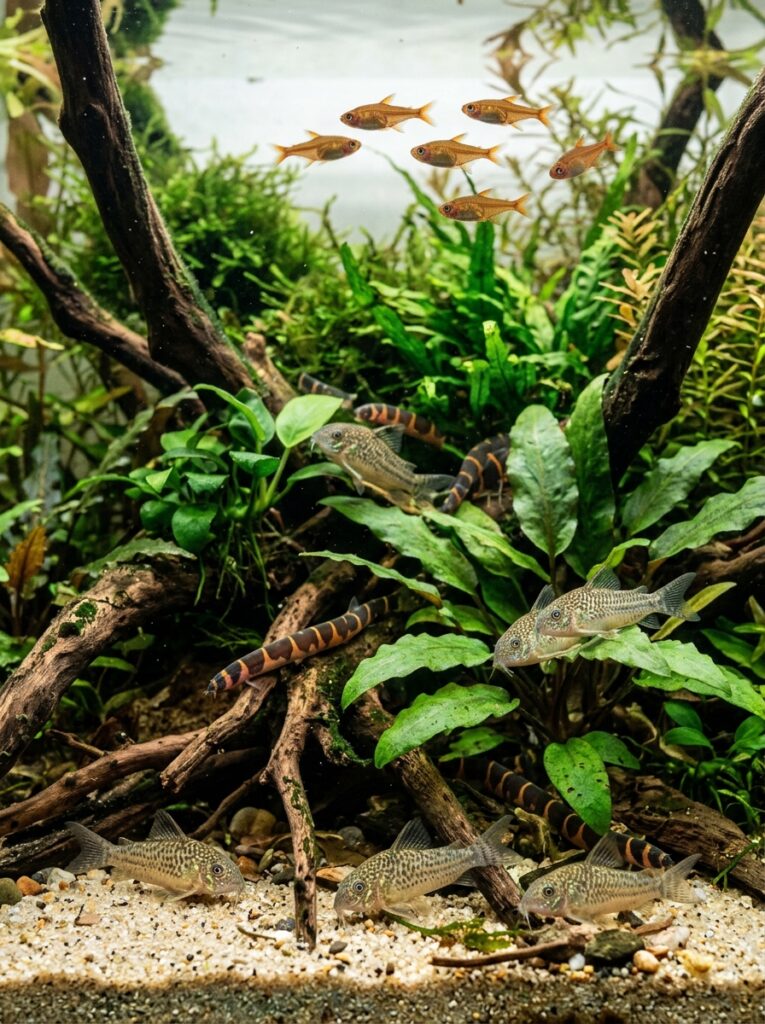 Pygmy corydoras and kuhli loaches exploring substrate in a planted community aquarium