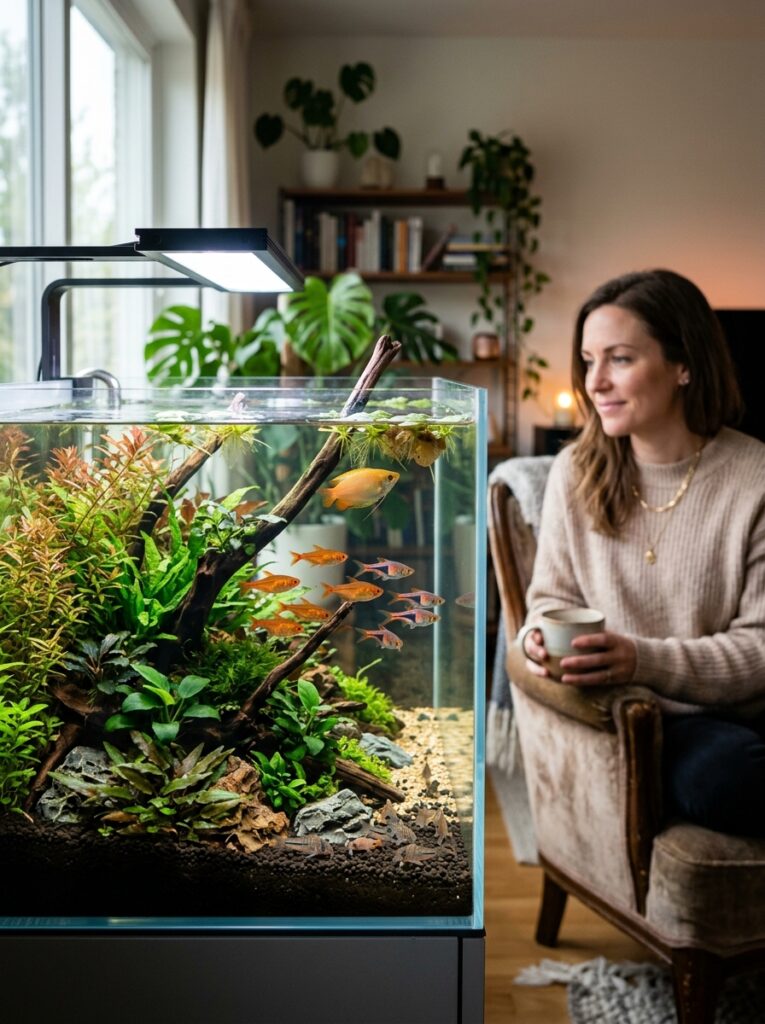 Beginner-friendly peaceful community fish coexisting naturally inside a planted aquarium