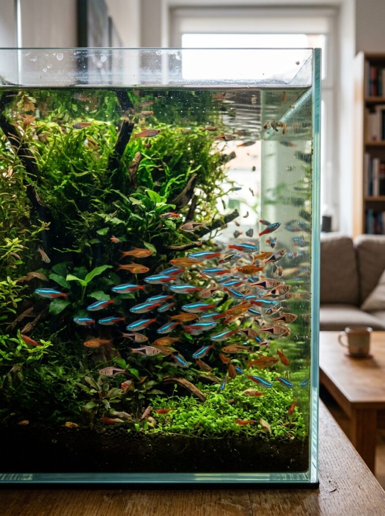 Overcrowded small community aquarium with limited swimming space and dense fish movement