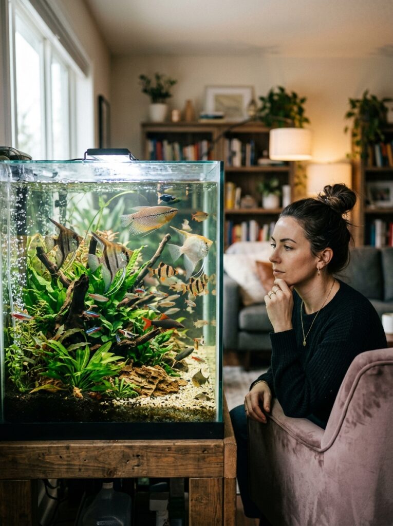 Community aquarium showing incompatible fish combinations and chaotic fish behavior
