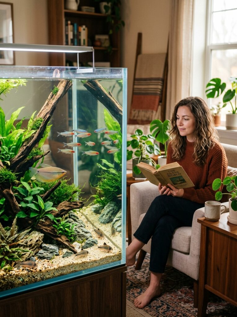 Balanced peaceful community aquarium with schooling fish and elegant planted aquascape