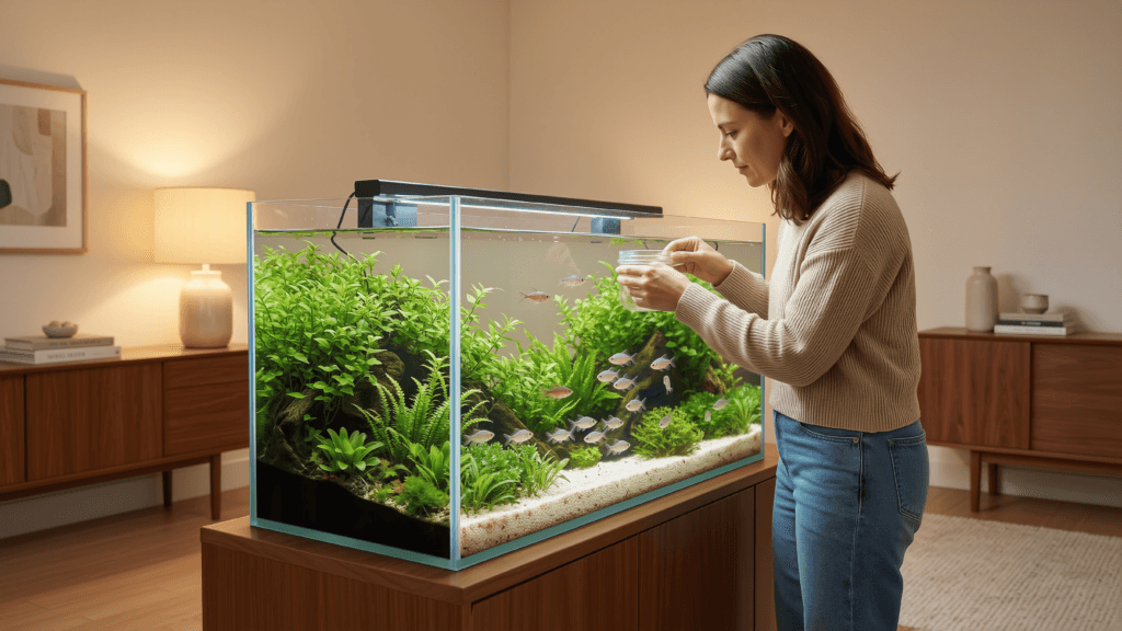Crystal clear planted aquarium with healthy plants and peaceful fish inside a modern apartment