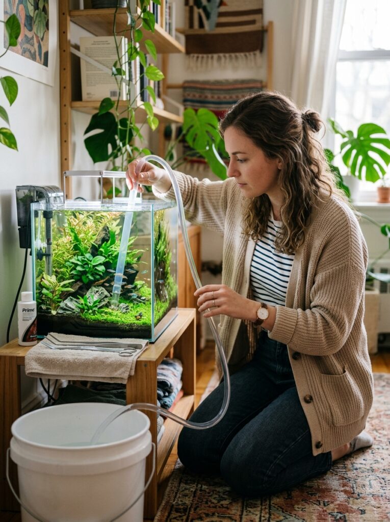Weekly aquarium maintenance routine with gentle water change in a planted nano tank