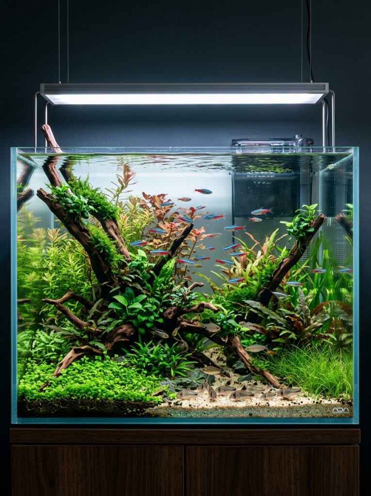 Crystal clear aquarium water showing healthy fish and lush aquatic plants