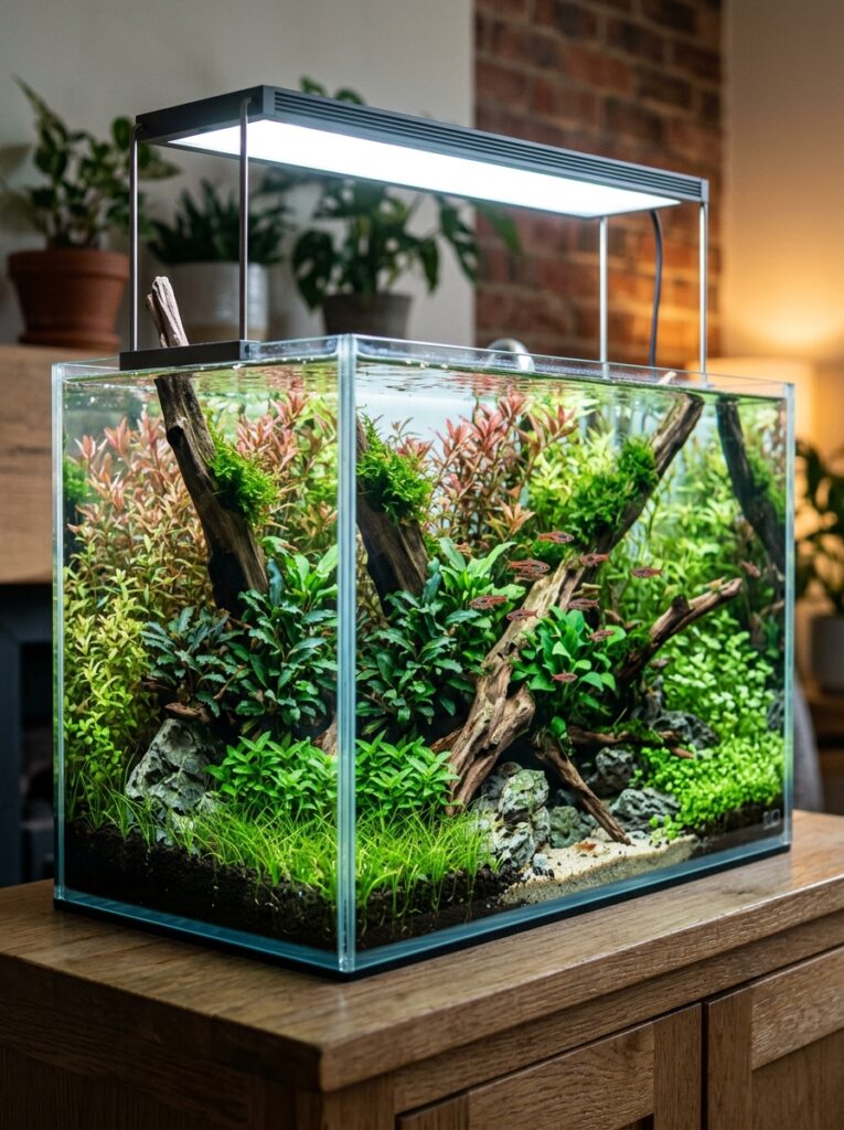 Balanced planted aquarium naturally preventing algae through healthy plant growth