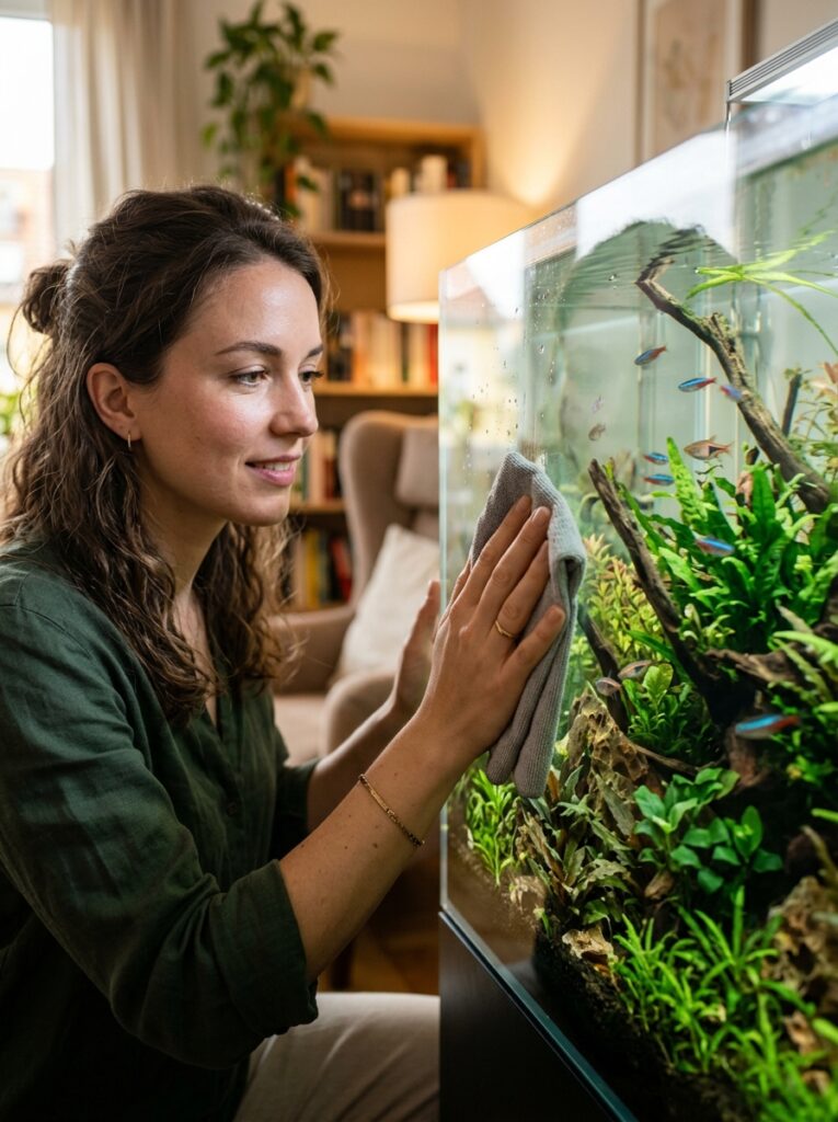 Spotless aquarium glass providing a clear view of fish and aquascaping details