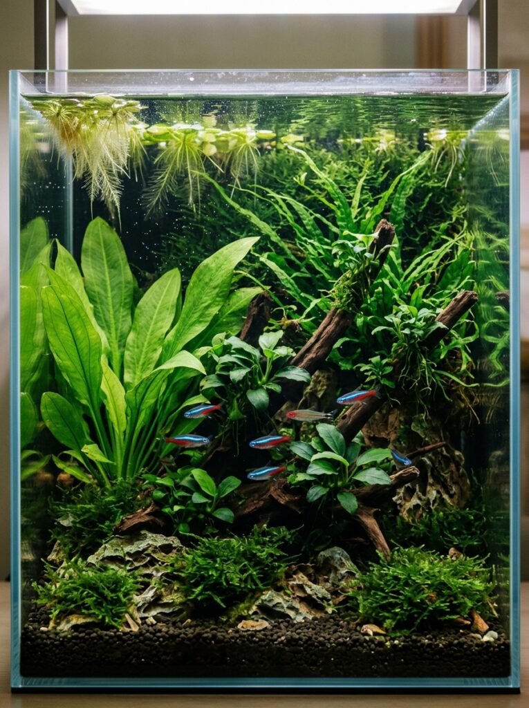 Healthy Anubias, Java Fern, and Amazon Sword plants thriving inside a planted aquarium