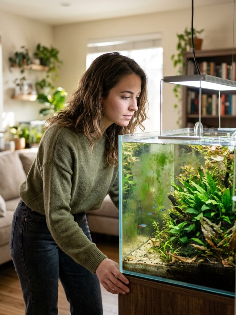 Aquarium showing common cleaning mistakes including algae buildup and neglected plant debris