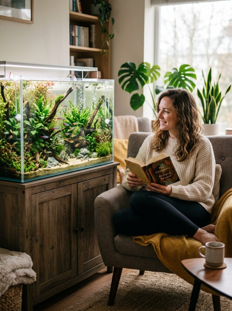 Mature planted aquarium with healthy ecosystem and long-term visual balance