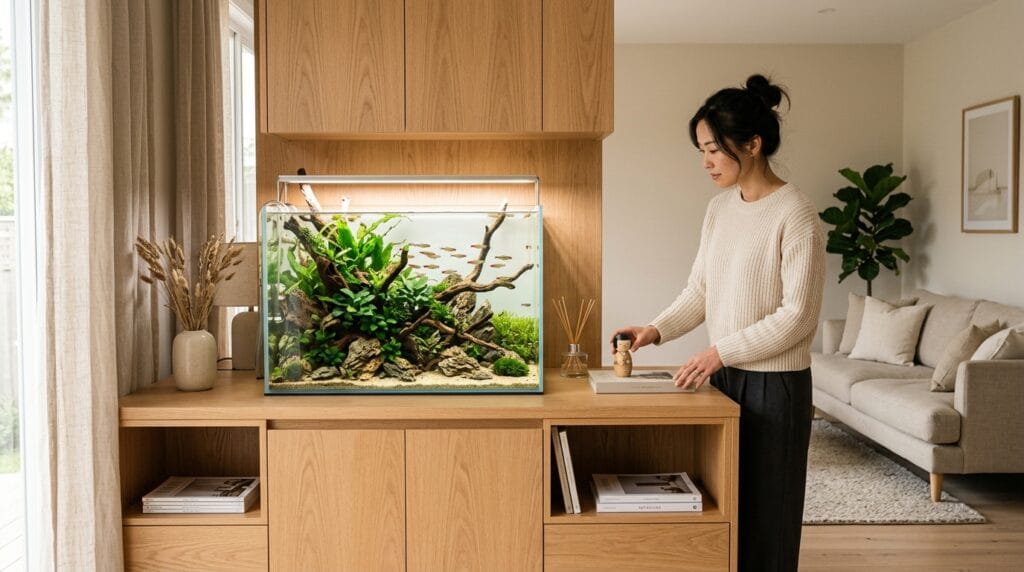 Japandi living room featuring a rimless planted aquarium integrated into natural wood furniture