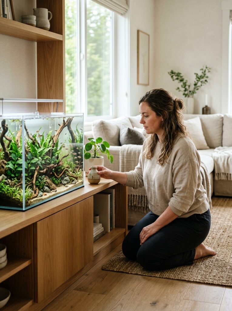 Japandi living room featuring a rimless planted aquarium integrated into natural wood furniture
