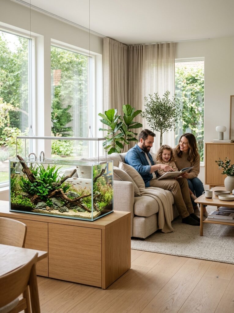 Modern Japandi living room with planted aquarium creating a calm and balanced atmosphere