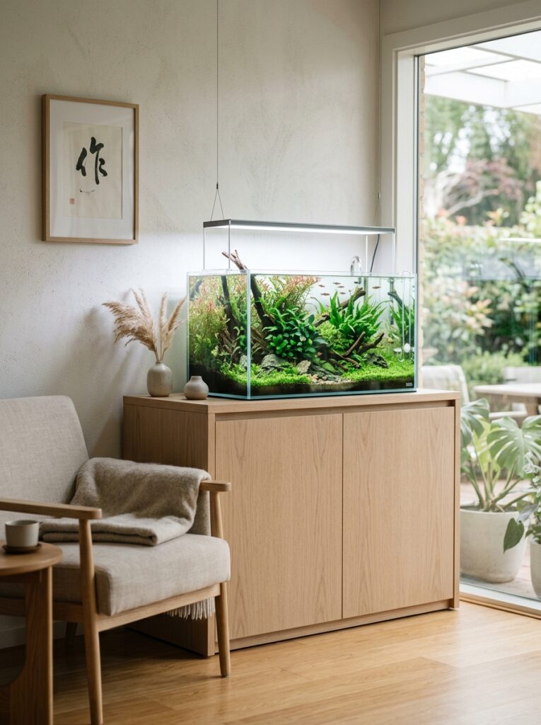 Rimless planted aquarium positioned naturally within a minimalist Japandi interior