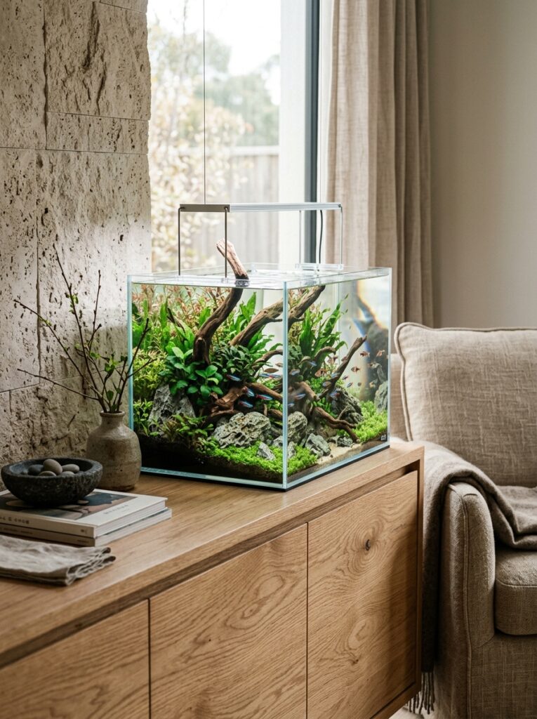 Natural wood, stone decor, and planted aquarium complementing a Japandi home design