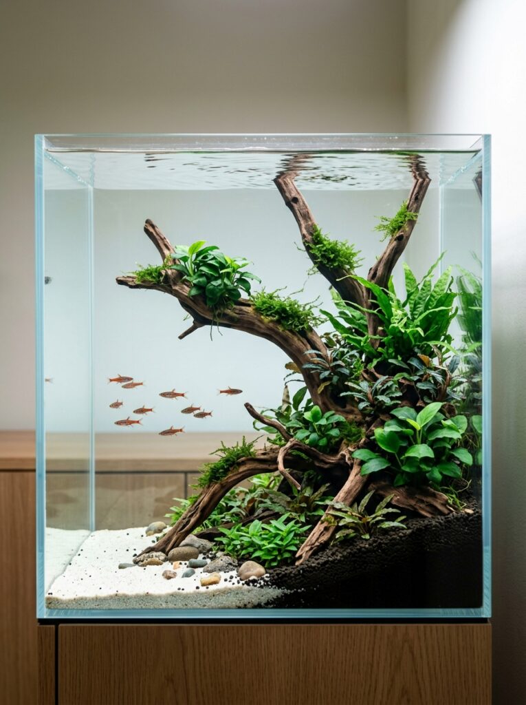 Minimalist Japandi aquascape with driftwood, Anubias, and open swimming space