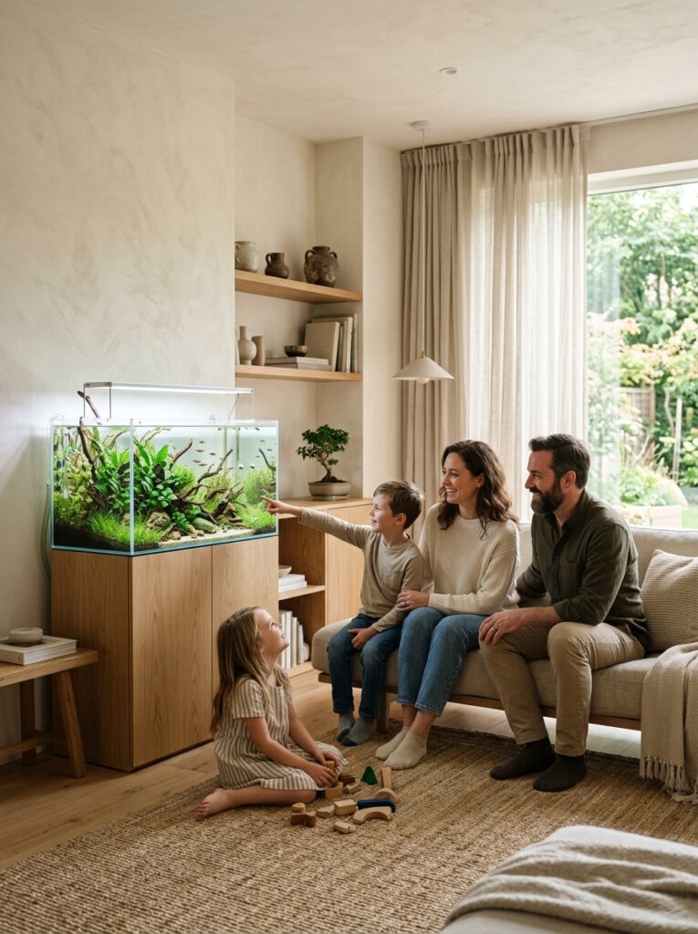 Living room aquarium serving as a peaceful focal point in a Japandi-inspired home