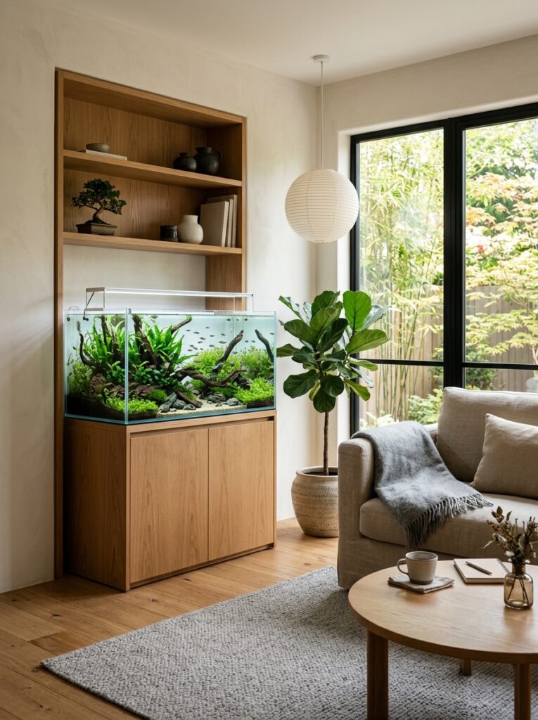 210 Japandi interior featuring warm wood tones, neutral colors, and a planted aquarium