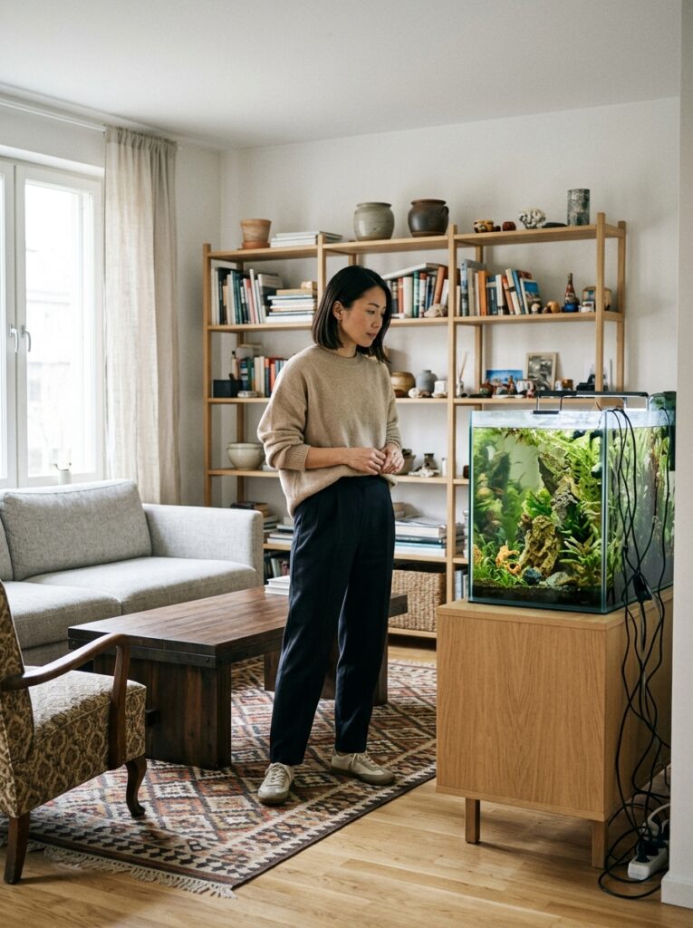 Common Japandi aquarium design mistakes including clutter and overcrowded decor