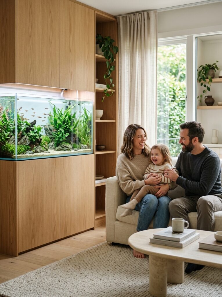 Peaceful Japandi home with planted aquarium, natural materials, and balanced interior design