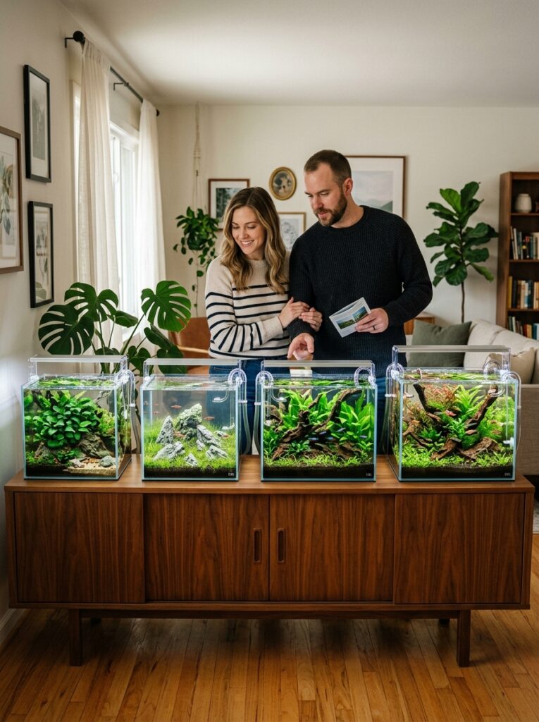 Beginner-friendly aquarium size comparison displayed inside a cozy modern home