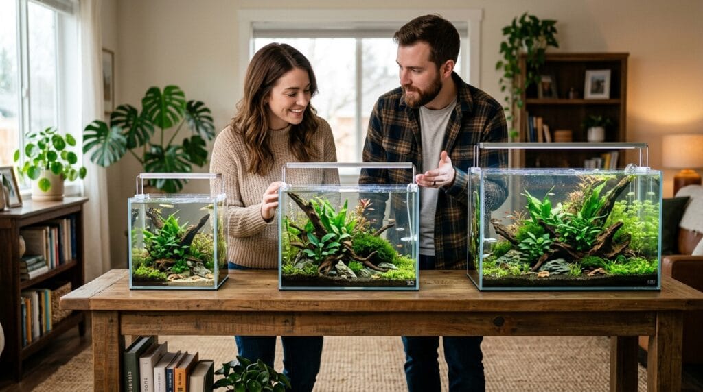 Choosing the right aquarium size for beginners with small and medium aquariums in a cozy home setup