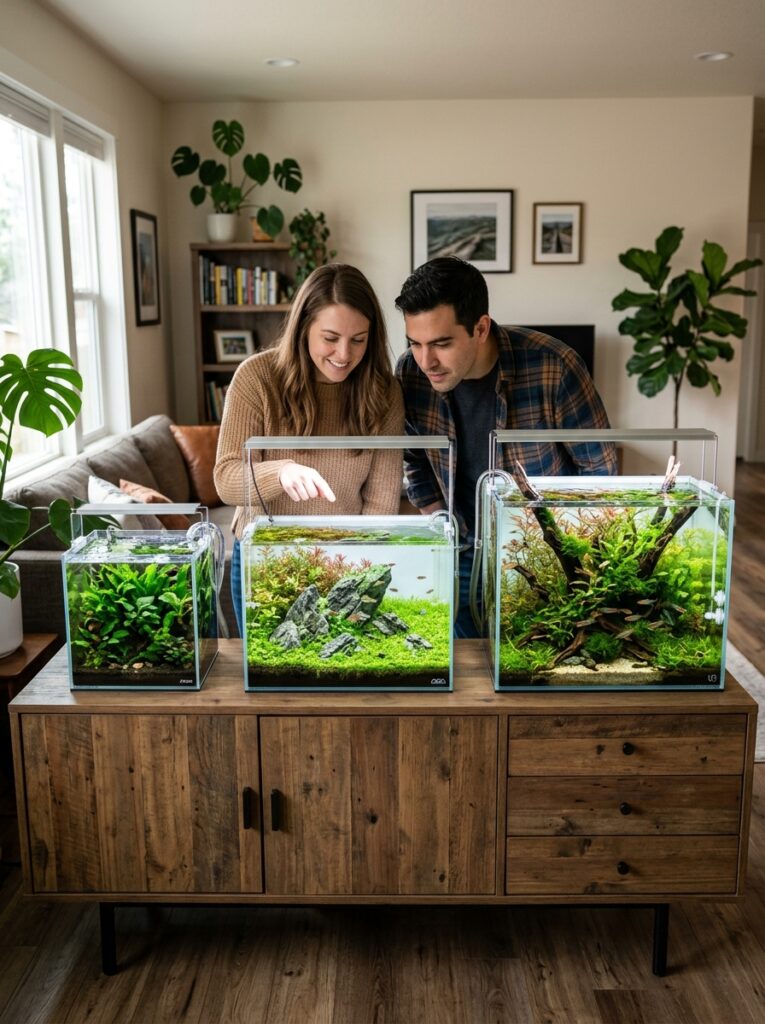 Multiple planted aquariums in different sizes demonstrating beginner aquarium options