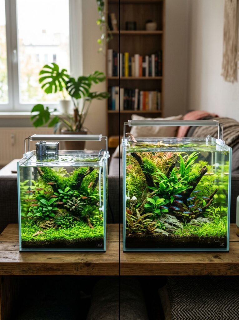 Small nano aquarium compared with a larger planted aquarium for beginner fishkeepers