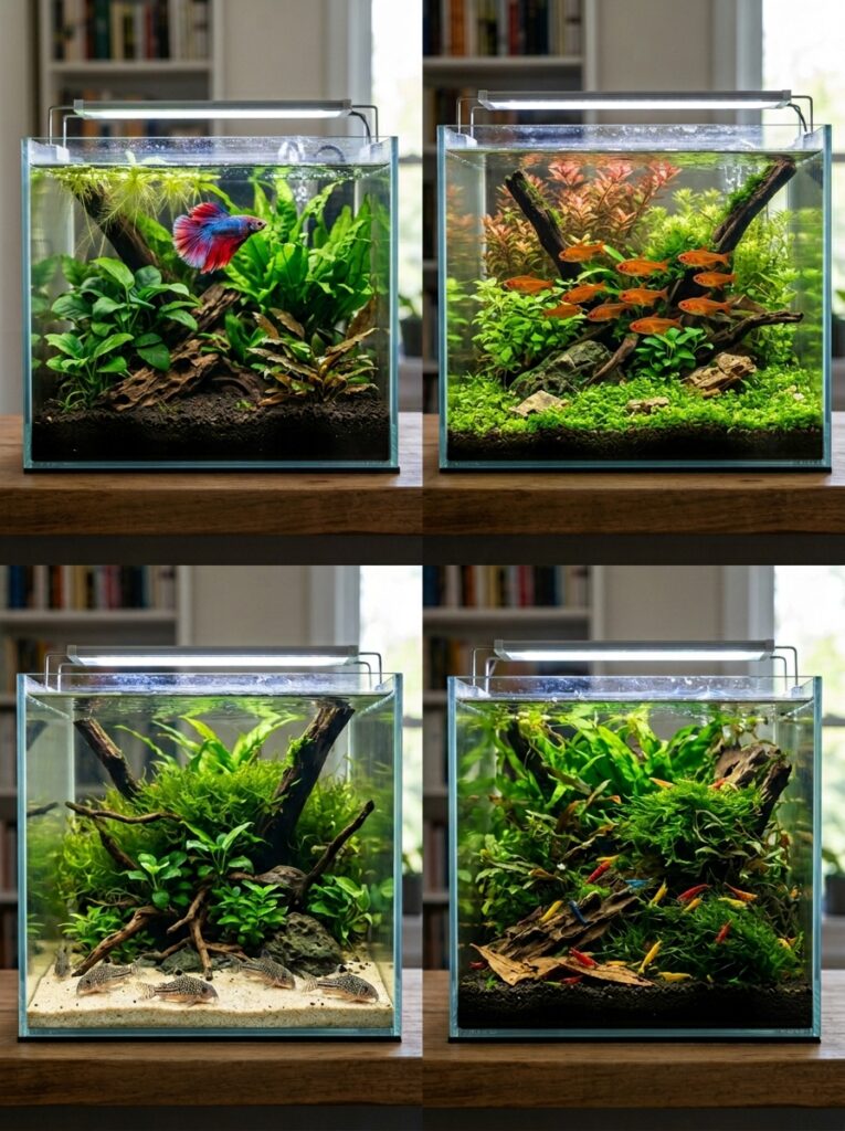 Betta fish, tetras, corydoras, and shrimp displayed in appropriately sized aquariums