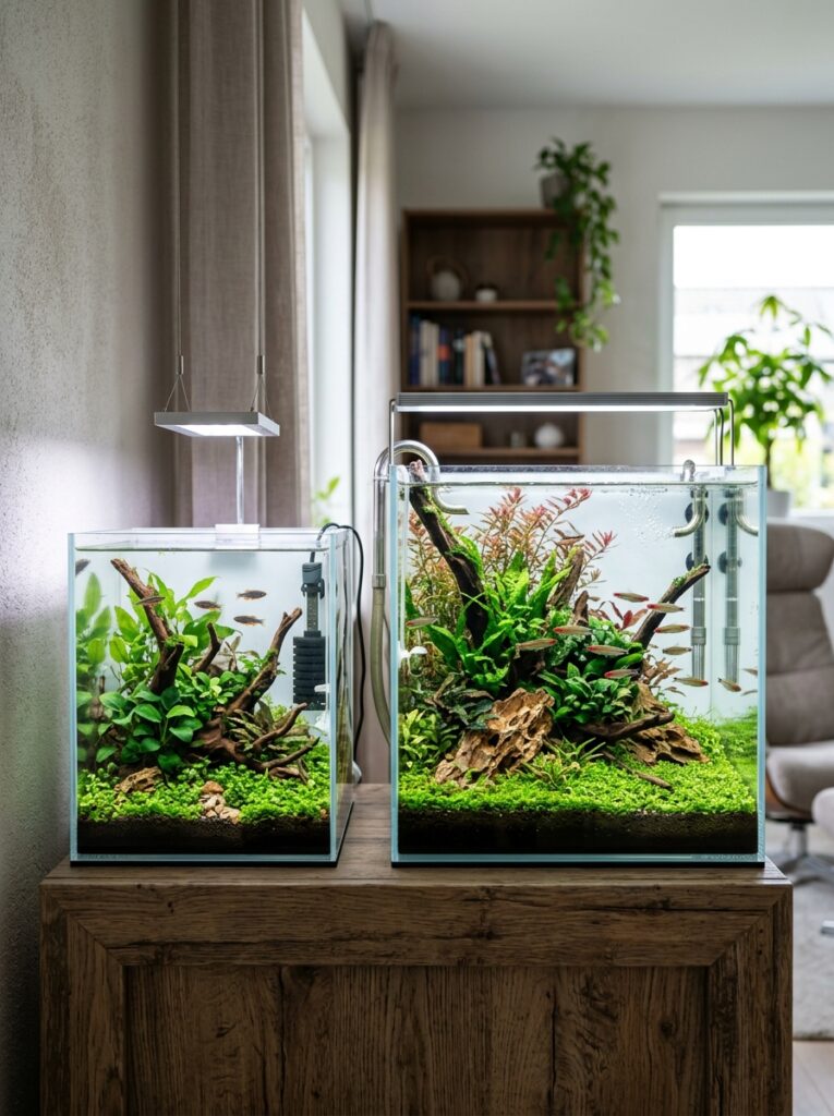Comparison of small and medium aquariums illustrating water stability and maintenance differences