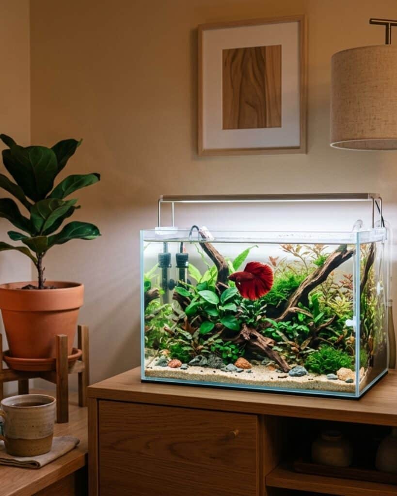 Small bedroom betta fish tank with calming warm lighting