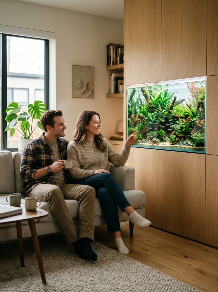 Balanced planted aquarium fitting naturally into a modern home environment