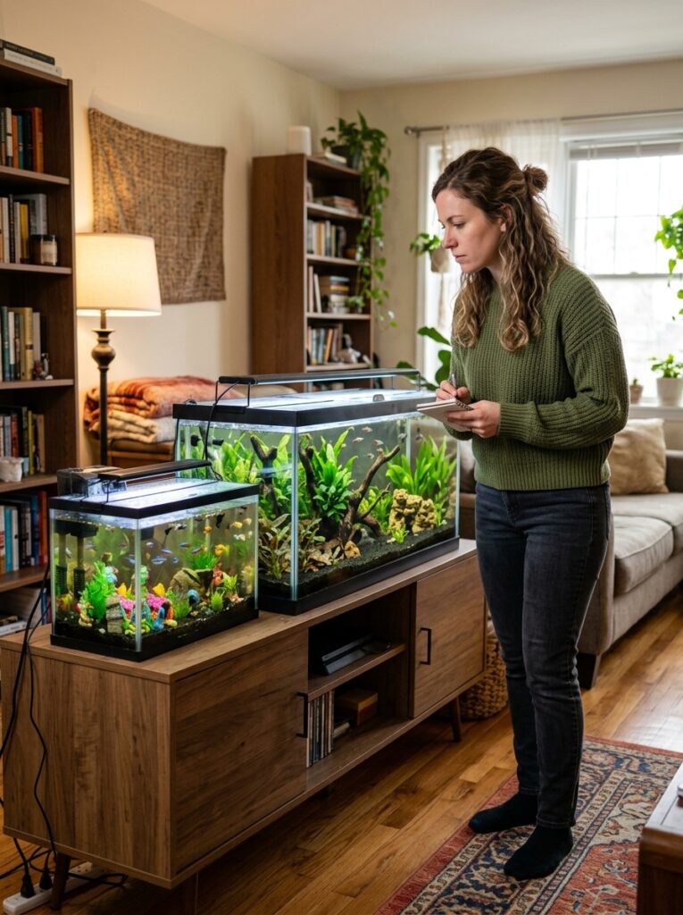 Common beginner aquarium size mistakes including overcrowding and poor placement