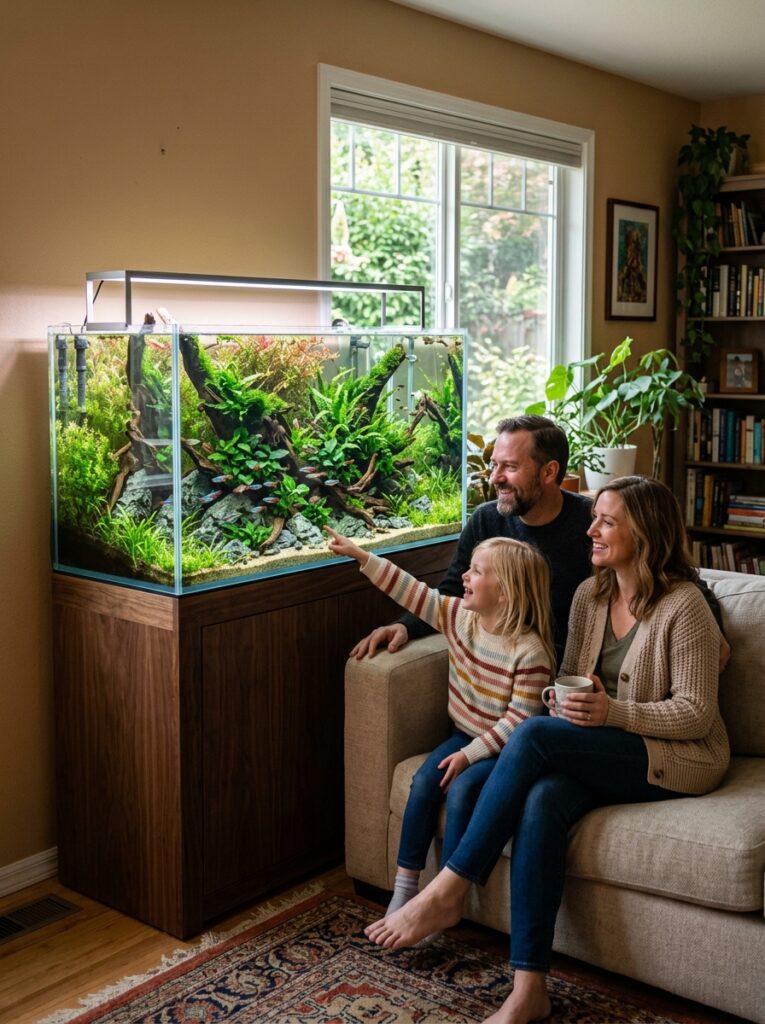 Mature planted aquarium thriving long term inside a cozy family home